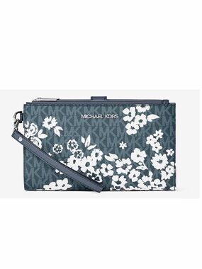 Michael Kors Navy Blue Floral Logo Wristlet Clutch